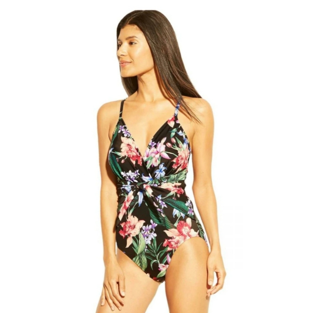 Aqua Green Wrap Tie Front One Piece Swimsuit Medium